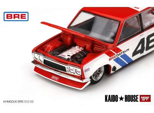 1/64 Kaido House Datsun 510 Pro Street BRE510 V2 #46, red/white/blue with 8 spoke rims